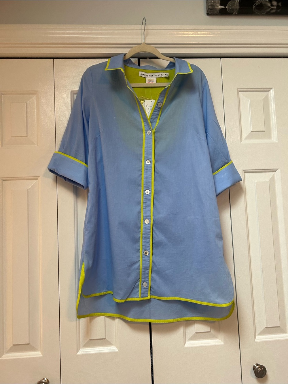 Womens button-Up Shirt tail dress with Lime Trim
